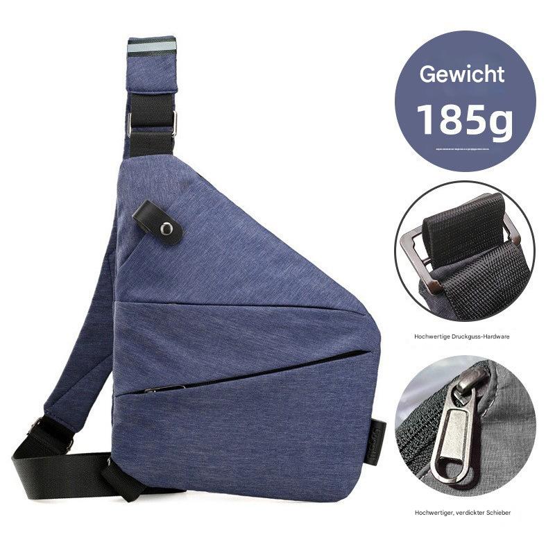 Blaue Crossbody Tasche links getragen - ergonomisches Design