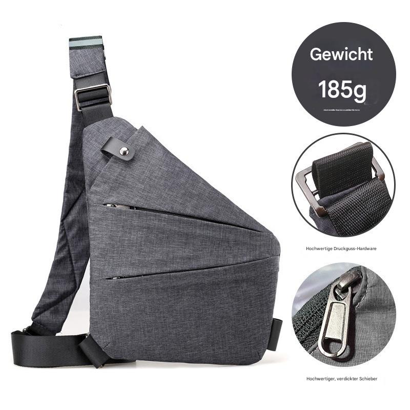 Graue Crossbody Tasche links getragen - ergonomisches Design